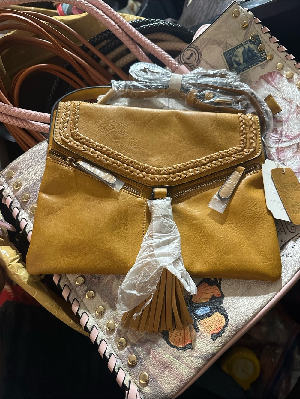 Braided Tassel Crossbody Bag in Mustard Yellow